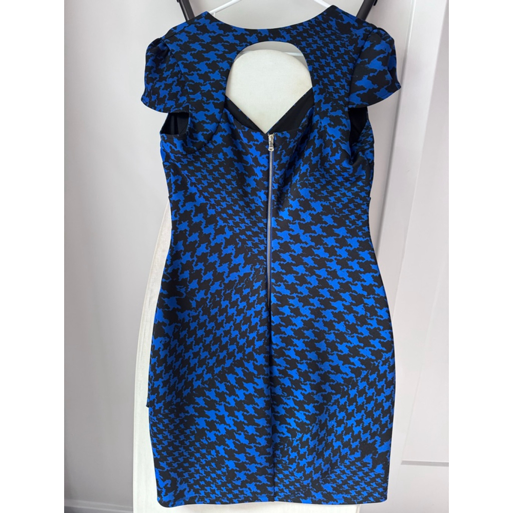 Guess Blue Houndstooth Bodycon Dress | Deep V-Neck Stretch Fit Size 10 - Picture 4 of 8